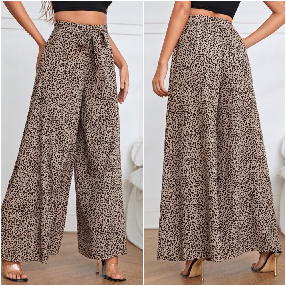 Boho Khaki tan Leopard Print Wide Leg Palazzo Pants - Picture 2 of 4